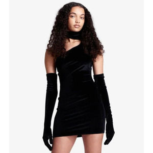 Miscreants Gina Dress Black Velvet Dress With Opera Gloves UK 12 US 10
